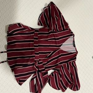 Marron with black & white solid lines woven wrap top with a tie-up at the waist